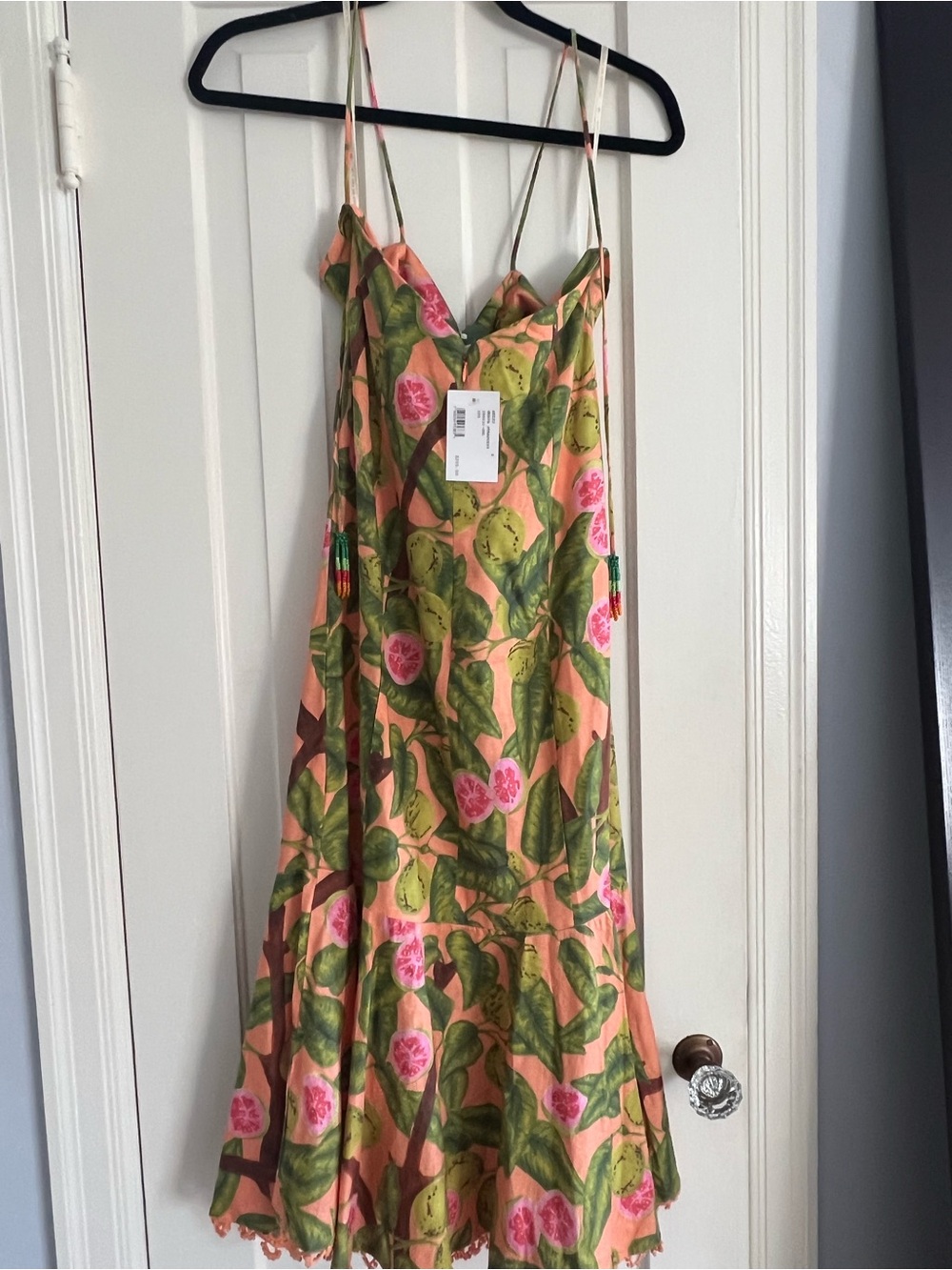 FARM Rio Peach Pink Floral Midi Slip Dress with Green Leaf Print - Picture 5 of 6